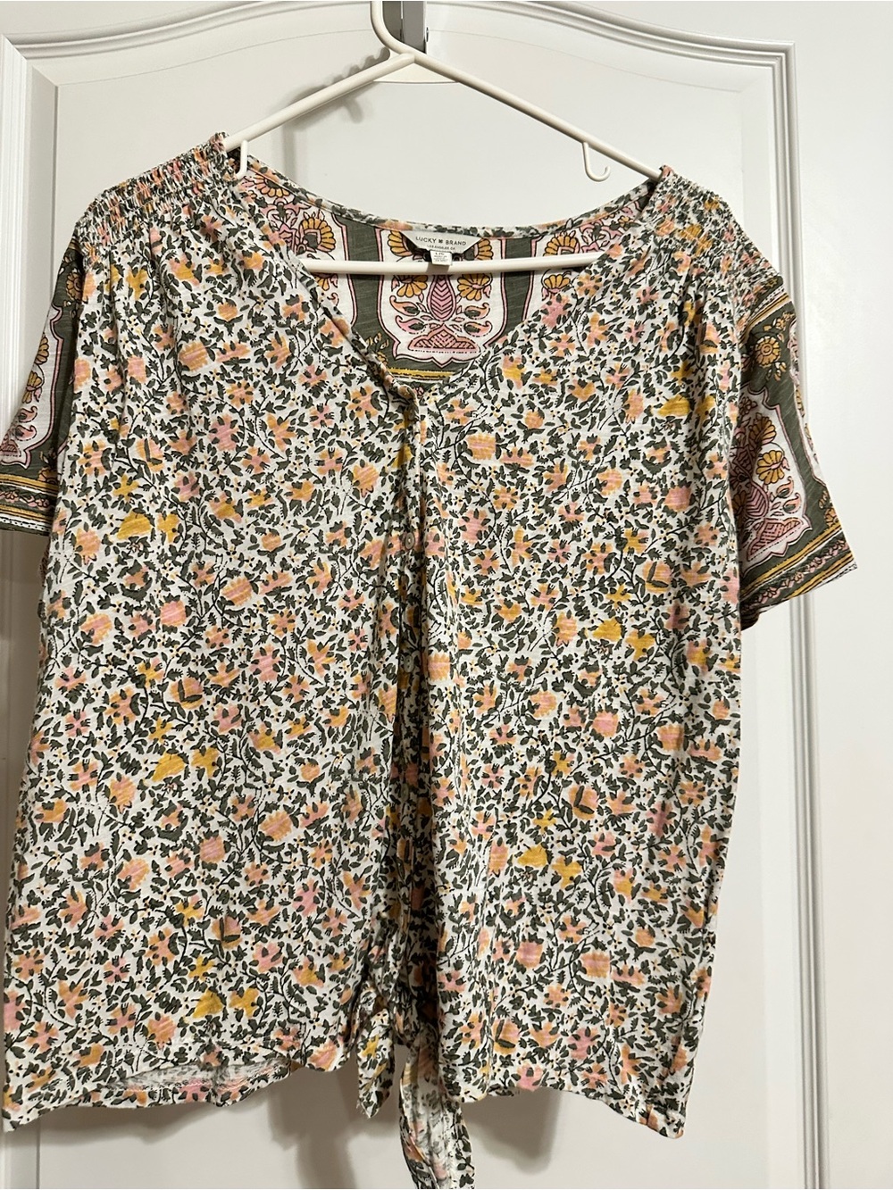 Lucky Brand Floral Tie-Front Blouse in Cream, Pink & Mustard